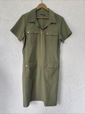 Sharagano Olive Green Short Sleeve Zip Front Utility Dress